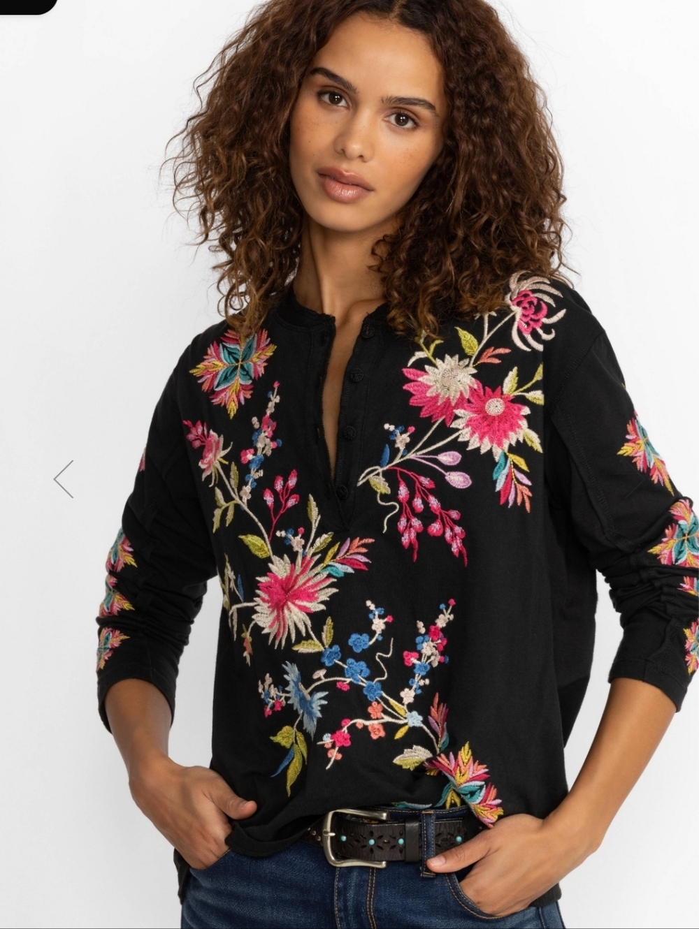 JOHNNY WAS JULIE RAW SEAM HENLEY EMBROIDERED TOP